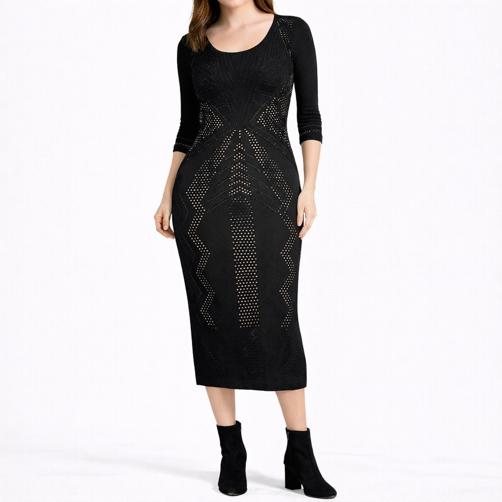 Sharagano Sweater Dress Women’s M Black Bodycon Midi Pointelle Knit Lined